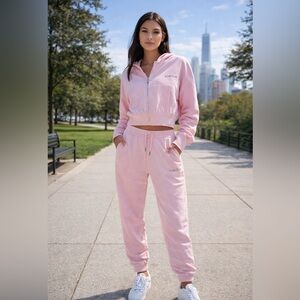 Bebe Pink Rhinestone Logo Velour Tracksuit Set Hoodie Joggers Size M